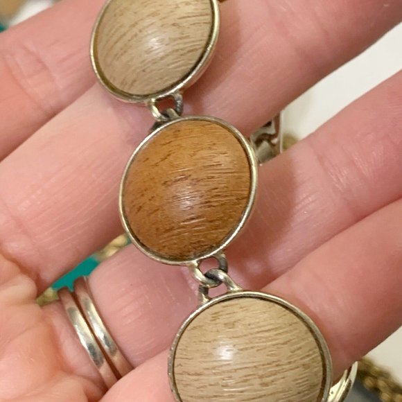 Vintage faux wood grain round link Bracelet lightweight gold MCM mid century - Picture 8 of 9
